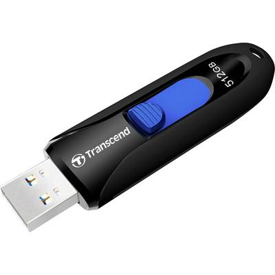 Clé USB noire avec couvercle coulissant bleu ; marquage 'Transcend', capacité de stockage de 512 Go.