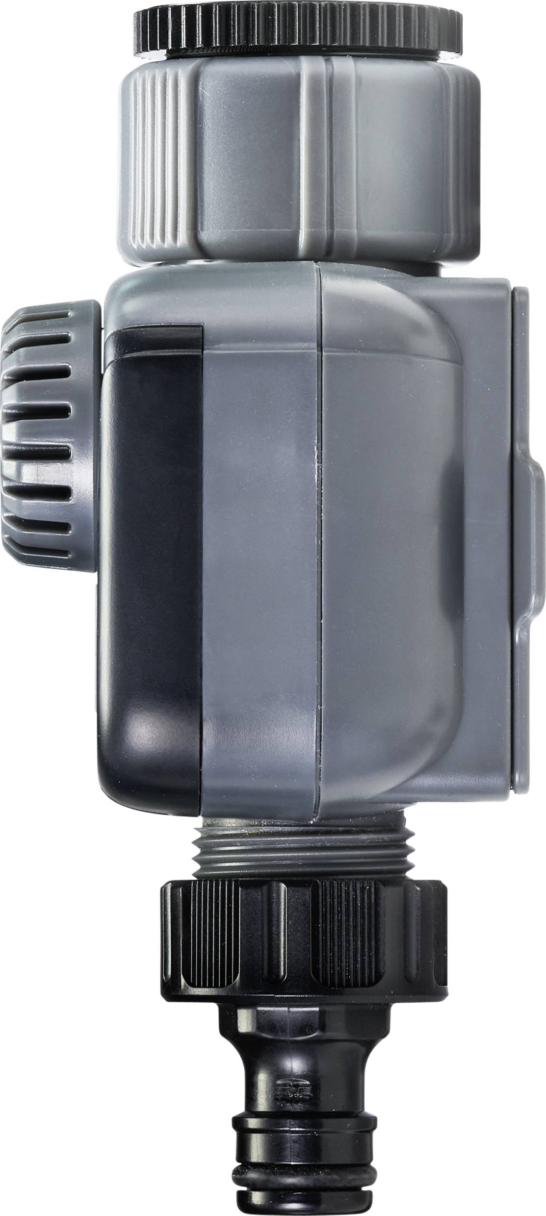 Adaptateur de raccordement d'eau gris, rectangulaire, avec poignée noire et embout de connexion, représenté de profil.