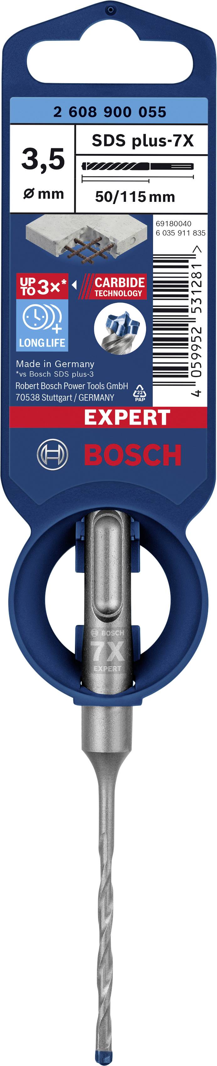 Lot de forets de la marque Bosch comprenant un foret SDS plus-7X de 3,5 mm, adapté pour le béton. L'emballage indique une durée de vie 5 fois plus longue.