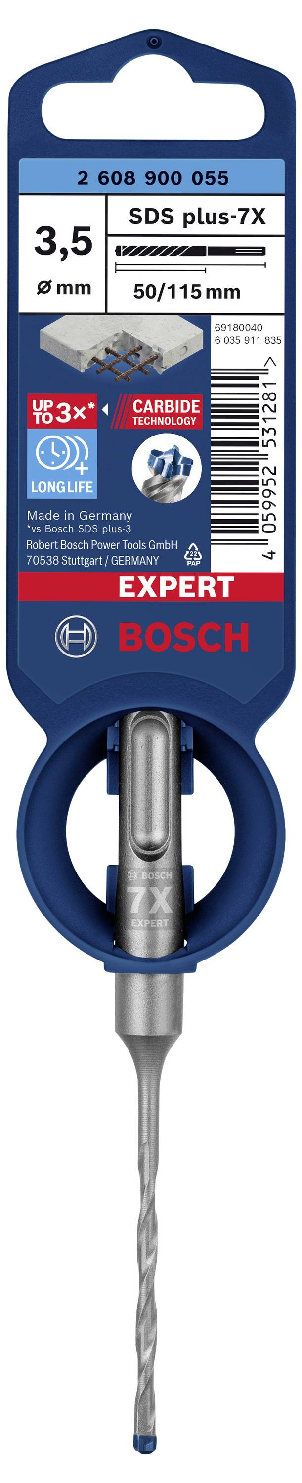 'Foret Bosch SDS plus-7X, diamètre 3,5 mm, longueur totale 115 mm, longueur utile 50 mm, durable et robuste, technologie au carbure.'
