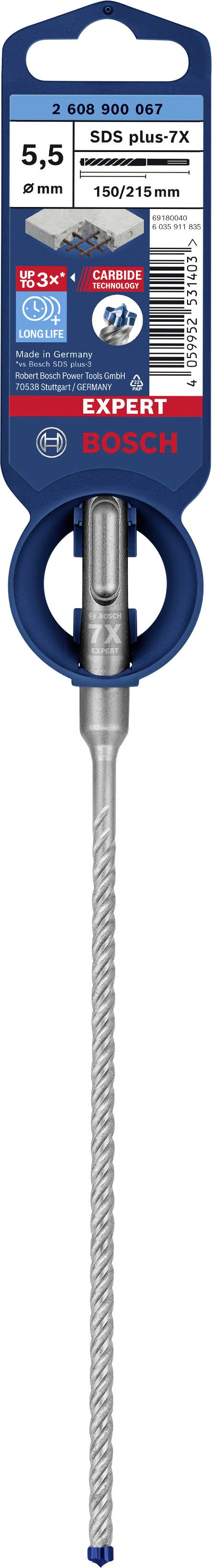 Boîte de forets Bosch, 5,5x100/165 mm, adaptés au béton, couleur bleu et rouge, présentant les informations du produit et le logo de la marque.