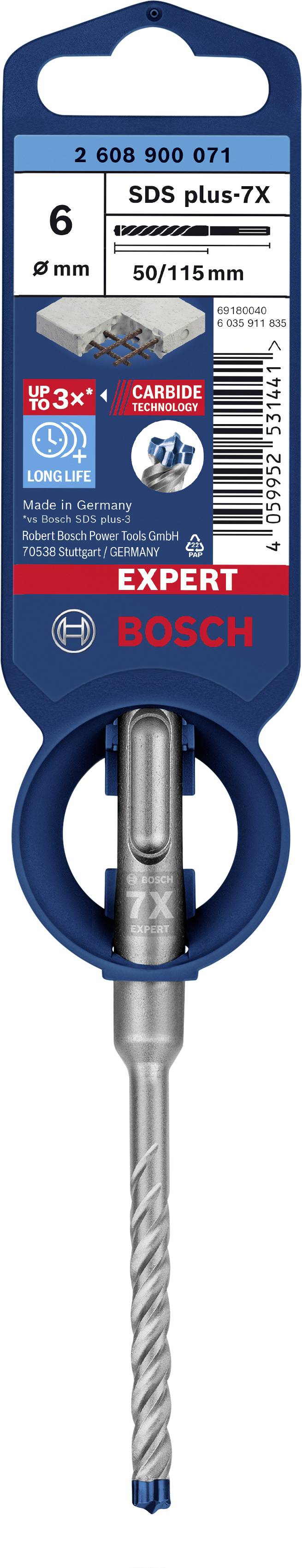 'Bosch Expert SDS plus-7X Foret, Diamètre 6 mm, Longueur 50/115 mm, adapté pour le béton. Fabriqué en Allemagne.'