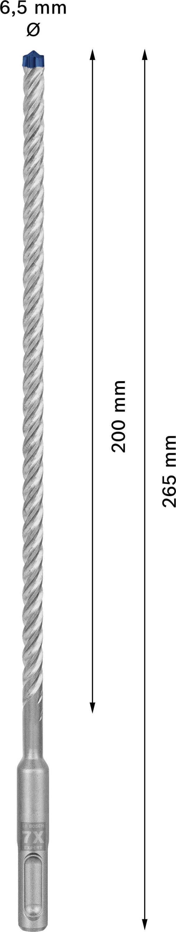 'Foret de 6,5 mm de diamètre, longueur totale de 265 mm, longueur utile de 200 mm. Structure spiralée longue pour forages en profondeur.'