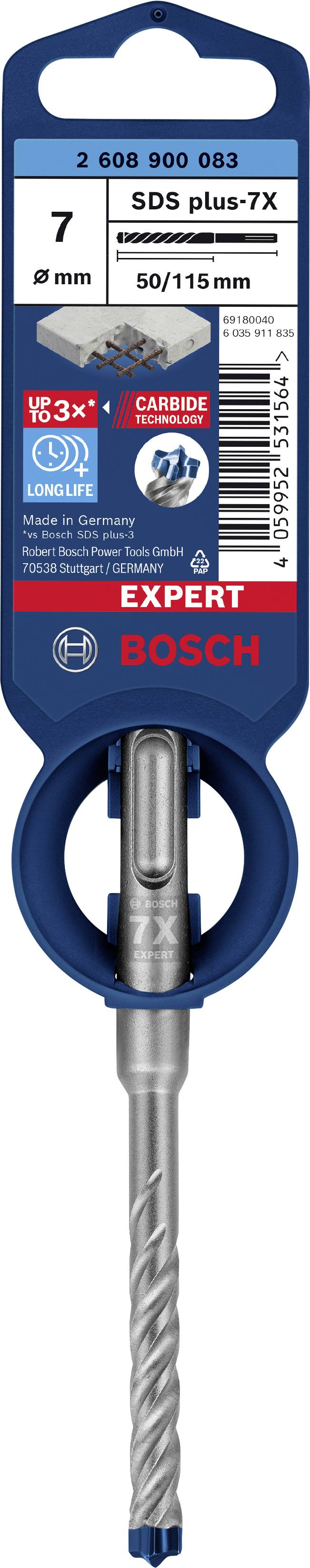 Foret de 7 mm de diamètre, adapté au béton, à l'acier et autres matériaux, SDS plus-7X, marque Bosch, longueur 50/115 mm, catégorie Expert.