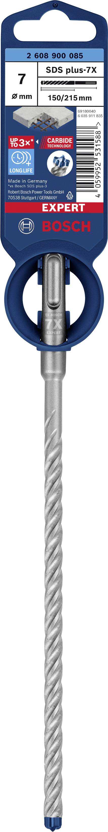 Foret SDS-Plus de Bosch, diamètre 7 mm, pour béton et pierre. Design long et hélicoïdal avec une structure robuste pour un perçage efficace.