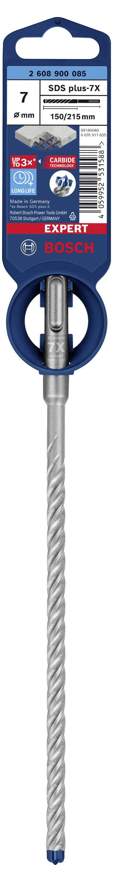Foret Bosch pour béton, diamètre de 7 mm, adapté aux perceuses à percussion, emballage avec des accents bleus et rouges.