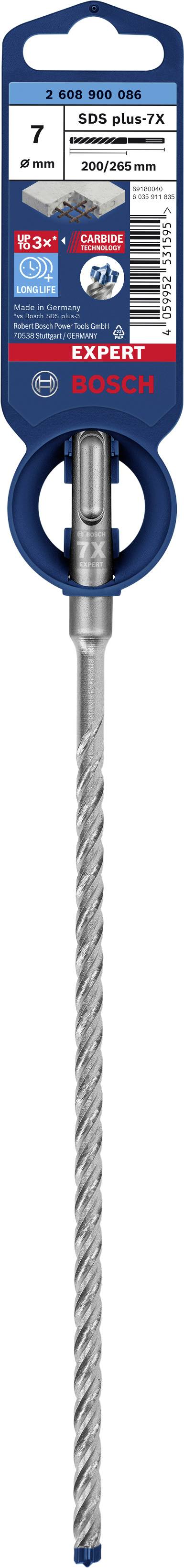 Un foret à pointe hélicoïdale, dans un emballage bleu et rouge, avec la marque 'Bosch' lisible. Adapté pour le béton et la maçonnerie, taille 7 mm.