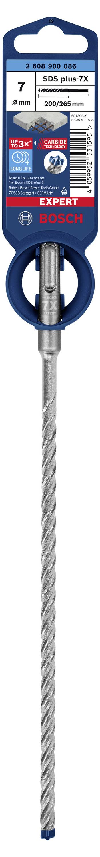 Un foret dans un emballage bleu, indiquant un diamètre de 7 mm et une longueur de 300 mm x 250 mm. Le logo de la marque et la description du produit sont visibles.