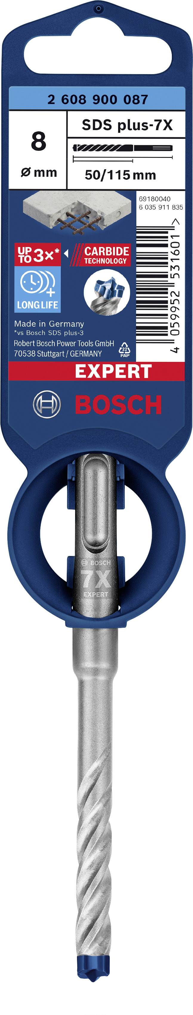 Foret Bosch, 'SDS plus-7X', diamètre 8 mm, longueur 50/115 mm, adapté aux matériaux durs, avec pointe en carbure de tungstène durable.