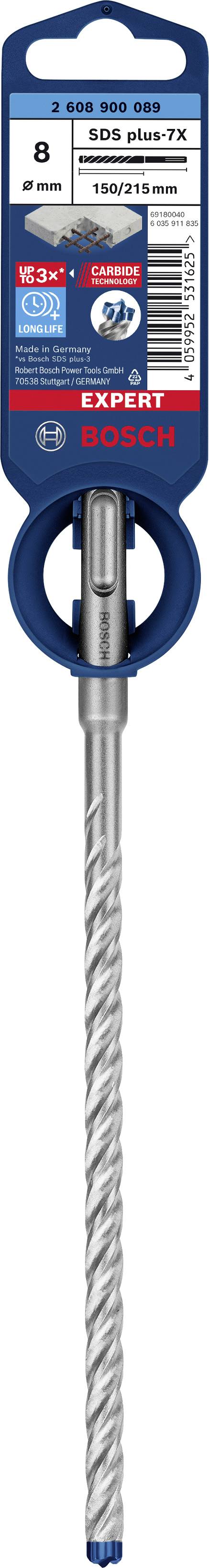 Foret BOSCH SDS plus-7X de 8 mm de diamètre et 150 mm de long, adapté pour le béton et le granit, présenté sur un emballage.