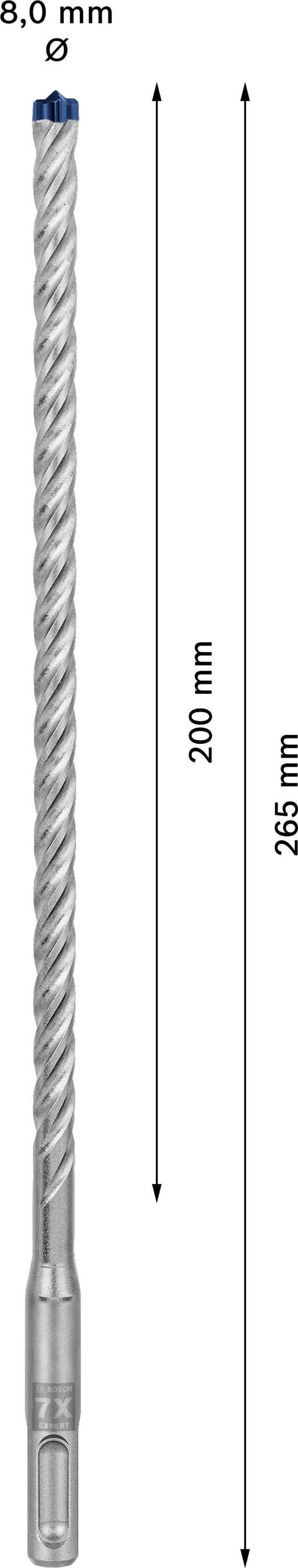 Foret de longueur 265 mm, longueur utile de 200 mm et de diamètre 8,0 mm.