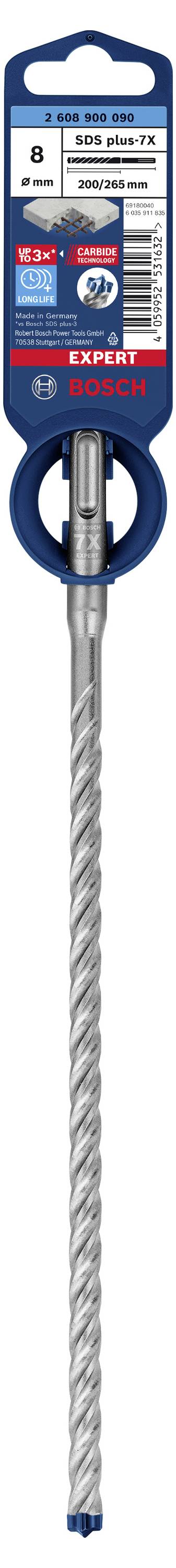 Foret pour travaux en béton, diamètre 12 mm, longueur 200 mm, emmanchement SDS-plus. L'emballage présente la marque, les informations produit et les domaines d'application.