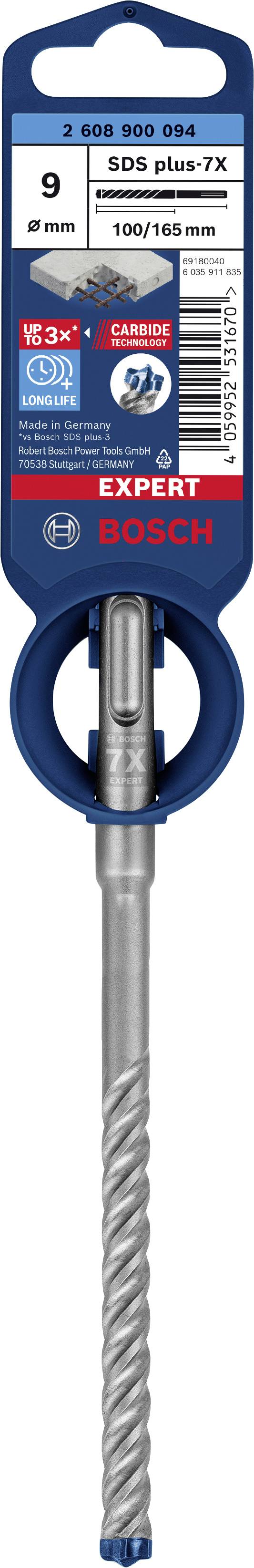 Foret BOSCH SDS plus-7X, 9 mm, 100/160 mm, reconnaissable à son emballage bleu. Adapté pour les perçages en béton. Logo de marque en haut.