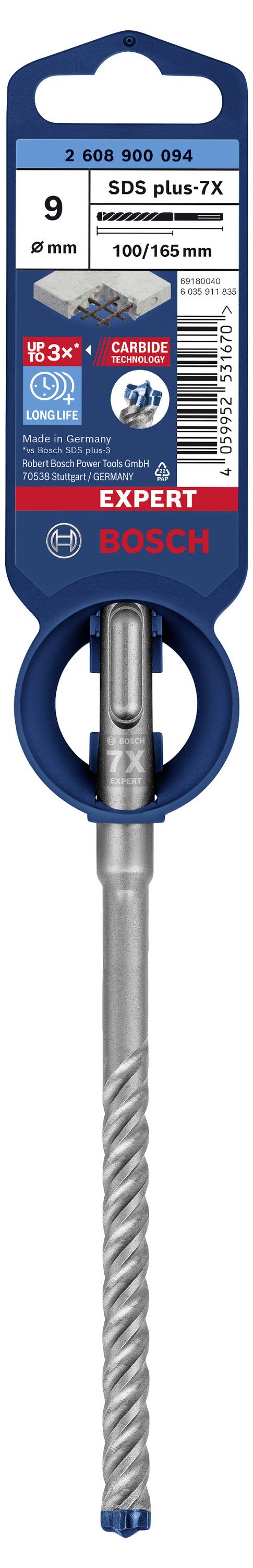 L'image montre un foret Bosch SDS plus-7X pour béton, 10x150 mm, avec quatre arêtes pour un perçage efficace. L'emballage est bleu et rouge.