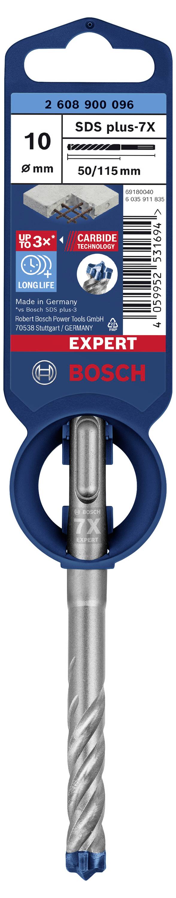 Foret Bosch, SDS plus-7X, diamètre 10 mm, longueur 50/115 mm, adapté pour béton et béton armé, pointe en carbure renforcée.