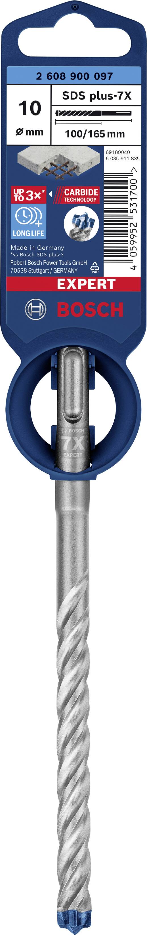 Foret SDS Plus-7X, diamètre 10 mm, adapté aux travaux de béton avec acier à béton, emballé par la marque Bosch Expert.