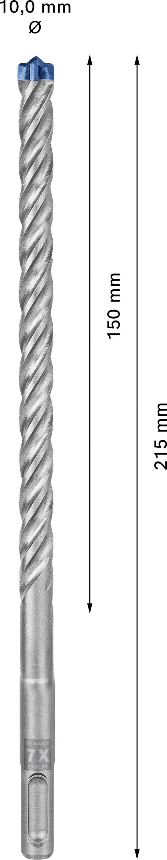 Un foret gris de 10 mm de diamètre. Longueur totale : 245 mm, longueur utile : 150 mm.