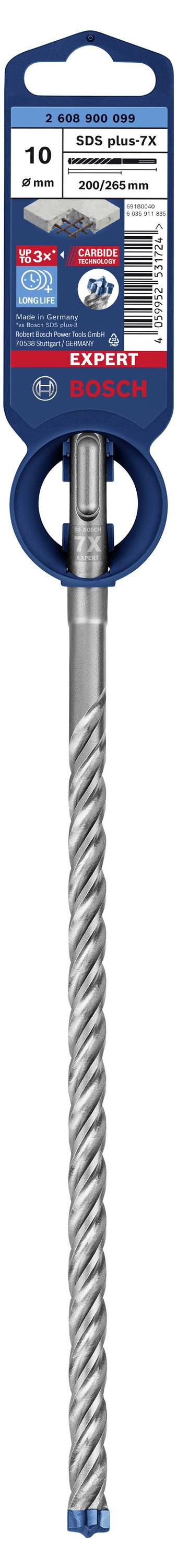 Foret pour béton et maçonnerie, diamètre 10 mm, longueur totale 150 mm, marque Bosch, avec tête en métal emballée et filetage.