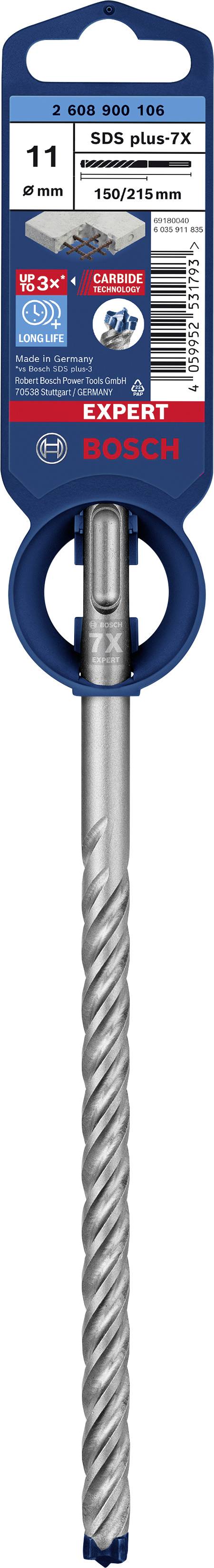 Foret Bosch 11 mm x 200 mm plus-7X pour béton et pierre, adapté aux perforateurs. L'emballage indique les spécifications techniques.