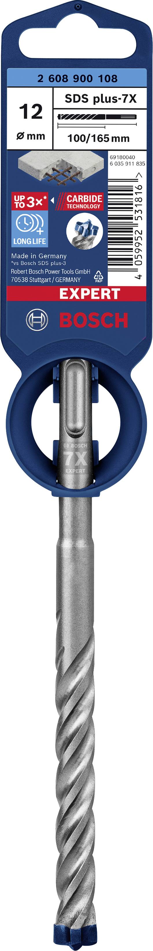 Foret Bosch SDS plus-7X, diamètre 12 mm, longueur 200 mm, adapté pour le béton. L'emballage indique la marque et la taille du foret.
