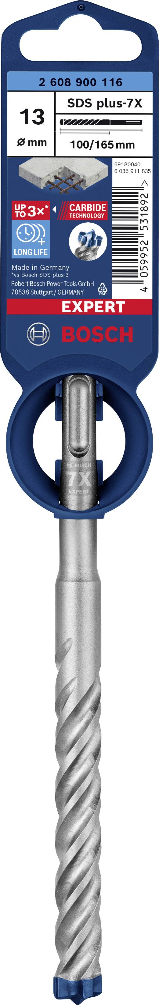 'Foret Bosch Expert SDS plus-7X, diamètre 13 mm, longueur 160/100 mm. Adapté pour le béton avec armature métallique.'