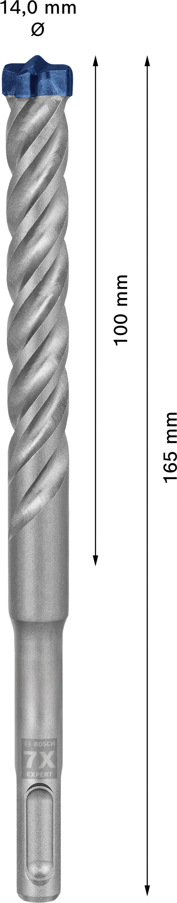 Foret SDS Plus de 14,0 mm de diamètre et 165 mm de longueur totale. La longueur utile est de 100 mm. Adapté pour le perçage dans le béton.