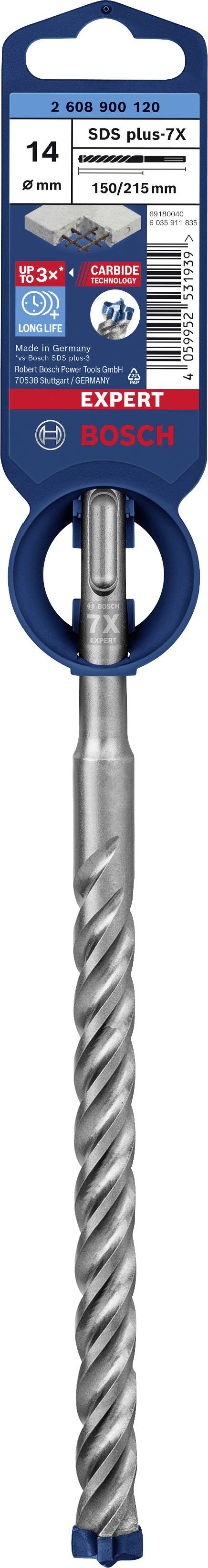 Foret Bosch SDS plus-7X, diamètre de 14 mm, longueur de travail de 150 mm. Adapté pour le béton, le béton armé et la maçonnerie.