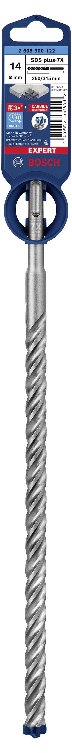 Foret SDS-plus professionnel Bosch avec motif hélicoïdal pour une pénétration efficace du béton, diamètre 14 mm, longueur 1000 mm.