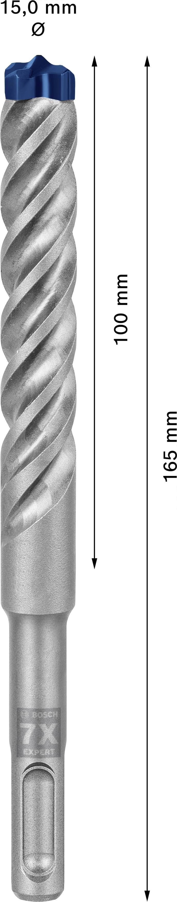 Foret de 15 mm de diamètre, longueur totale de 165 mm, longueur utile de 100 mm. Couleur argent avec pointe bleue.