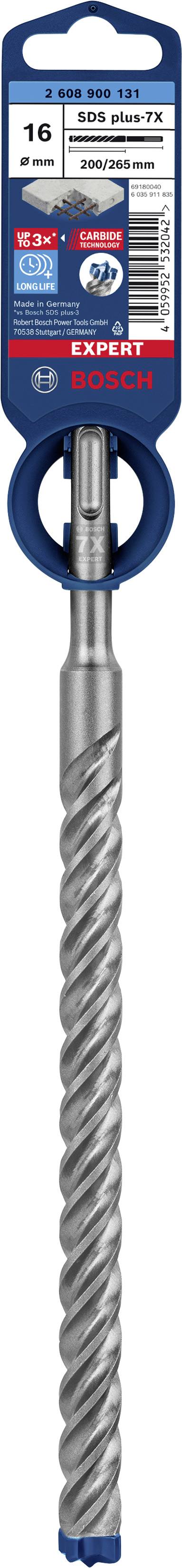 Foret SDS-plus de 16 mm de diamètre, pour béton. Emballage à surface bleue avec détails techniques.