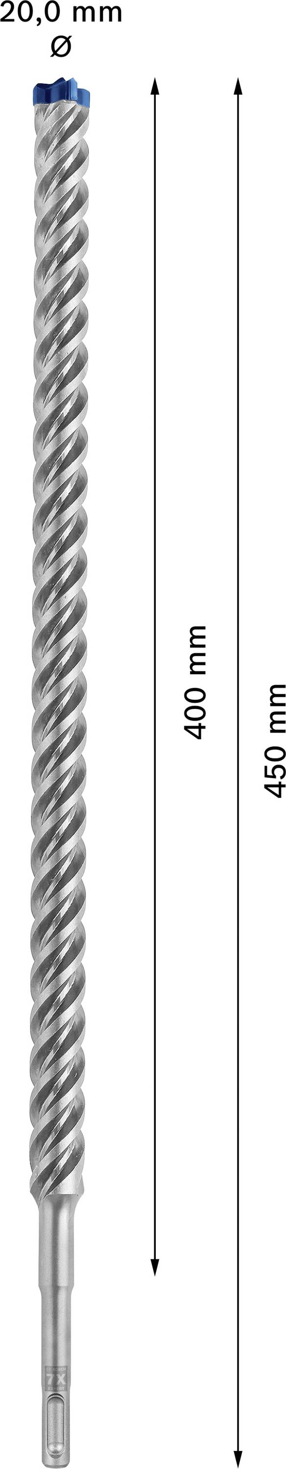 Foret béton de 20,0 mm, longueur totale de 450 mm, partie active de 400 mm. Design hélicoïdal pour des performances de perçage efficaces.