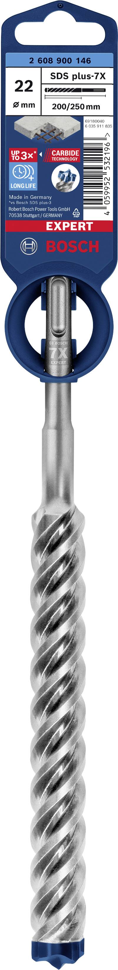 Foret 'Bosch SDS-max-7' pour béton et béton armé, diamètre 22 mm, longueur 200 mm. L'emballage présente les détails du produit et le code-barres.