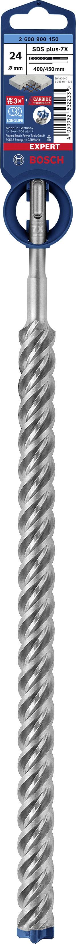 Gros plan sur un foret à béton gris en spirale avec une étiquette bleue ; conçu pour le béton avec une précision et une efficacité maximales.