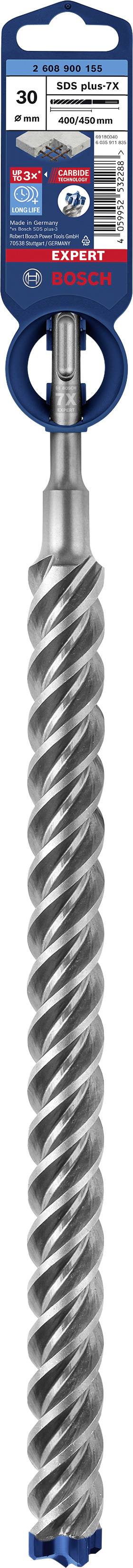 Foret pour béton, avec une tige spiralée spécialement profilée, adapté aux travaux de construction. L'emballage présente le logo de la marque et les détails techniques.