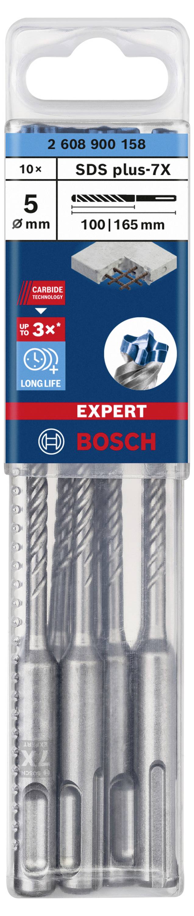 Embouts de forage Bosch, lot de 10, SDS plus-7X, diamètre 5 mm, longueur 100/165 mm, adaptés au béton et au béton armé.