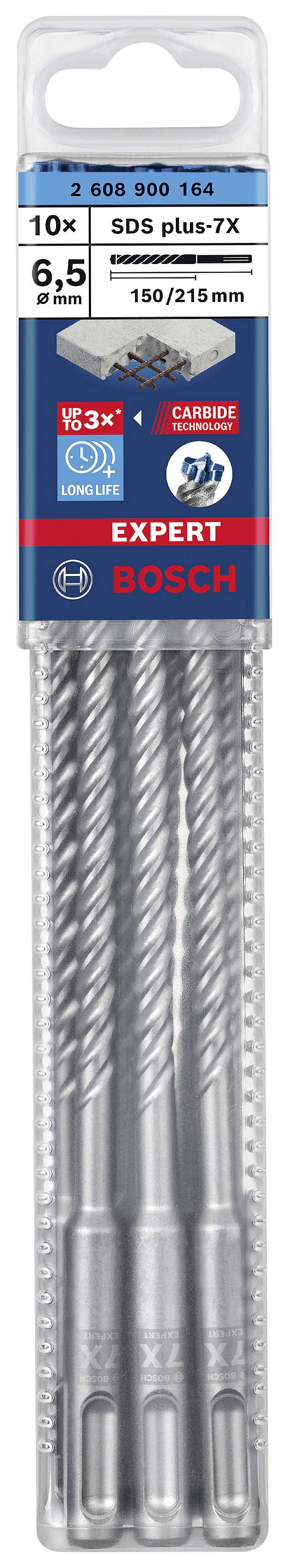 Ensemble de forets 'Bosch' Expert, 10 pièces, SDS plus-7X, 6,5 mm, longueur 150/215 mm, adapté pour les perçages dans le béton. Emballage avec description du produit.