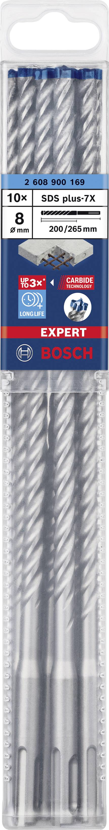 Emballage contenant dix forets à béton SDS Plus 7X de la marque Bosch, diamètre 8 mm, longueur 200/250 mm.