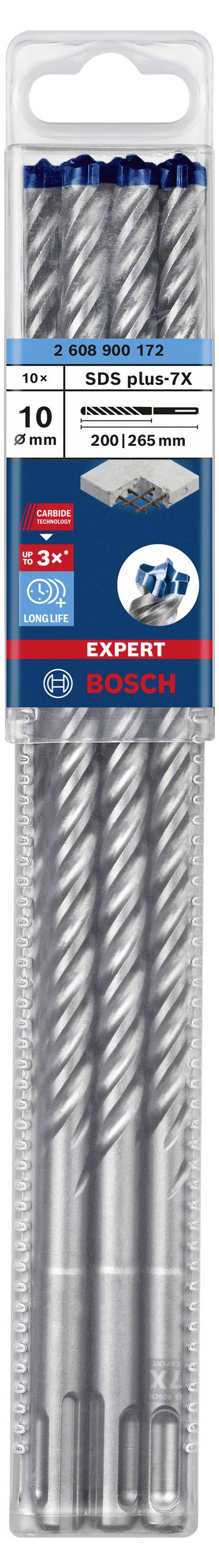 Coffret de forets 'Expert Bosch', adapté pour le béton. Contient un foret de 10 mm, SDS plus 7X, 200 x 265 mm. Idéal pour des applications exigeantes.
