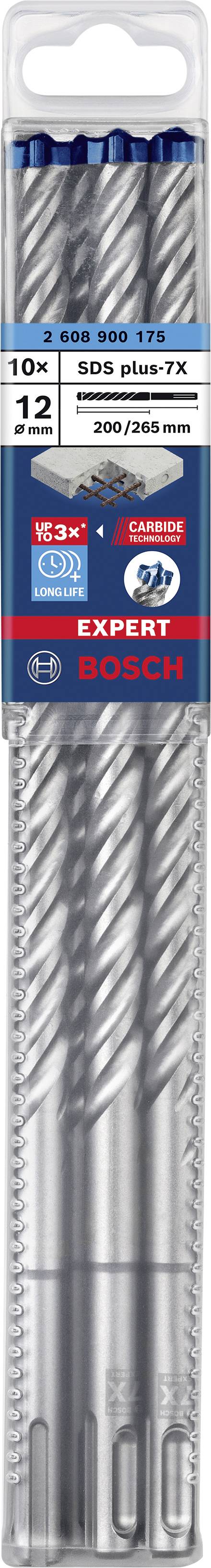 Coffret de forets Bosch, 3 pièces. Adapté pour le béton et la pierre, diamètre de 10 mm, longueur de 200 mm. Comprend la technologie SDS plus-7X.