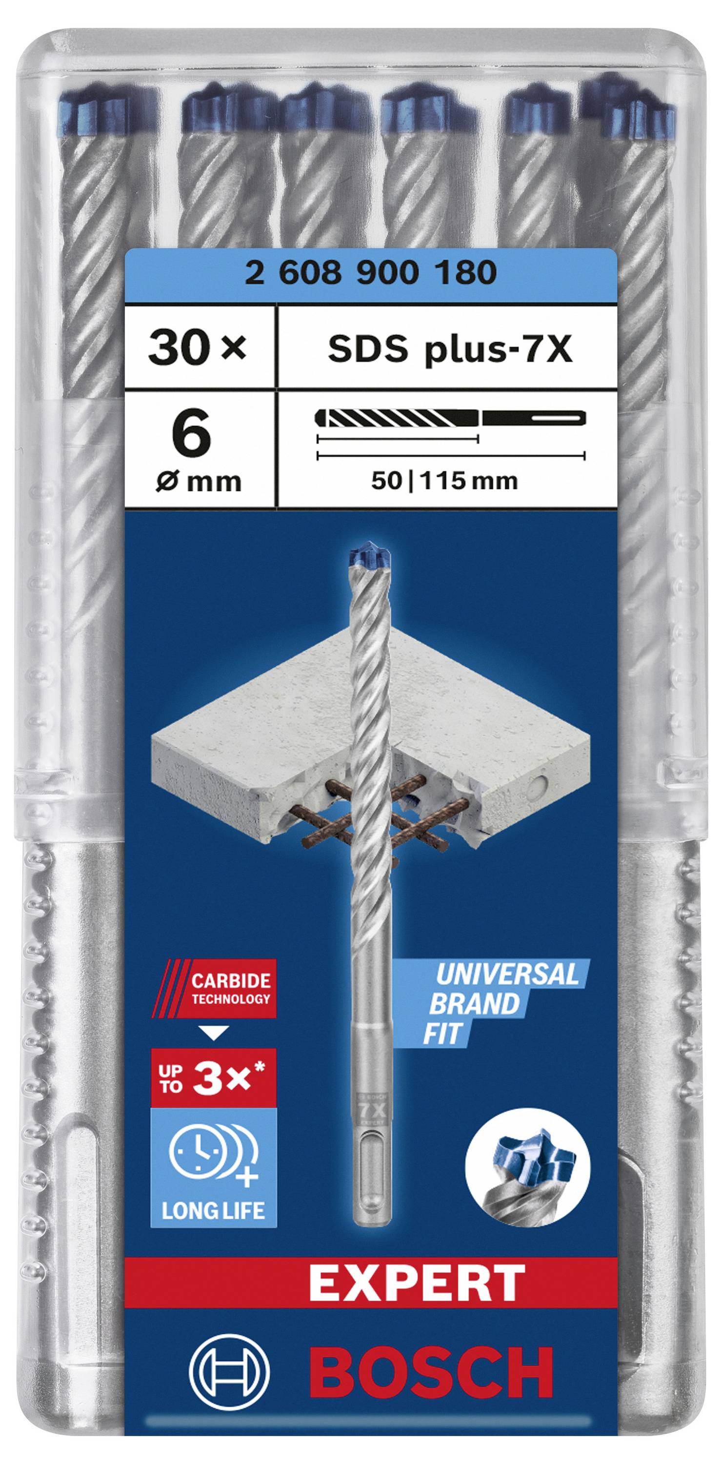 Jeu de forets Bosch, 6 mm, SDS plus-7X, adapté au béton, réduction des vibrations, des chocs et du bruit, longue durée de vie, lot de 30 pièces.