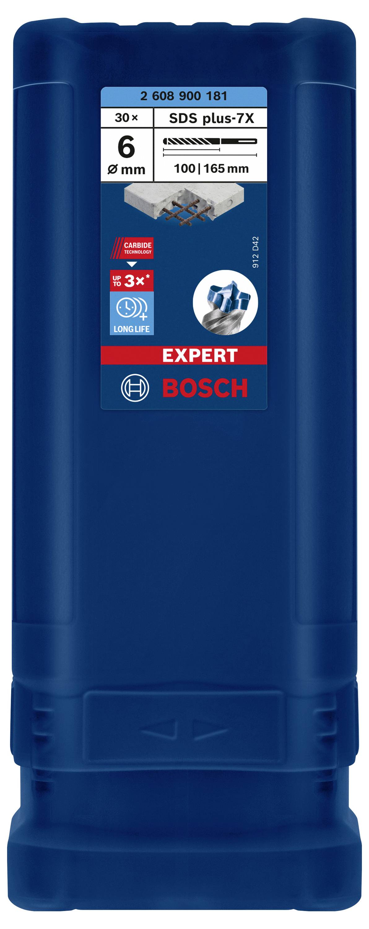 Récipient bleu pour forets avec logo Bosch. Contient des forets SDS plus-7X, diamètre de 6 mm, longueur de 165 mm. Marque : Bosch.