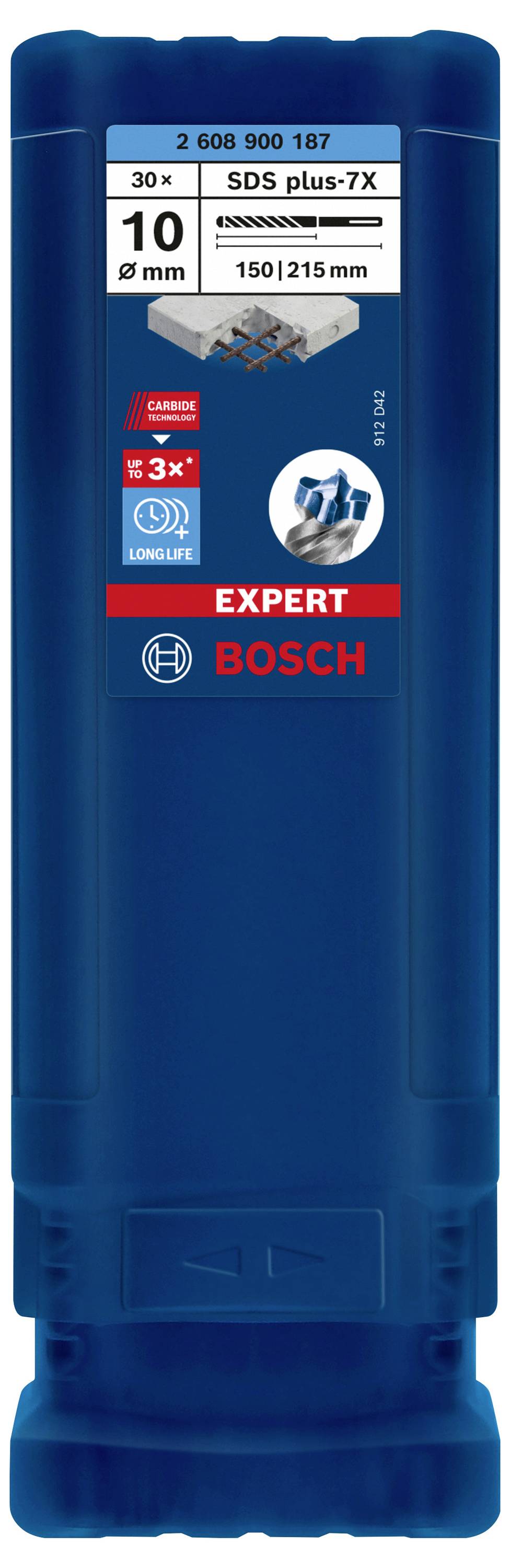 Emballage bleu Bosch pour un foret SDS plus-7X de 9 mm x 150|215 mm, adapté au béton, contenant 10 pièces.