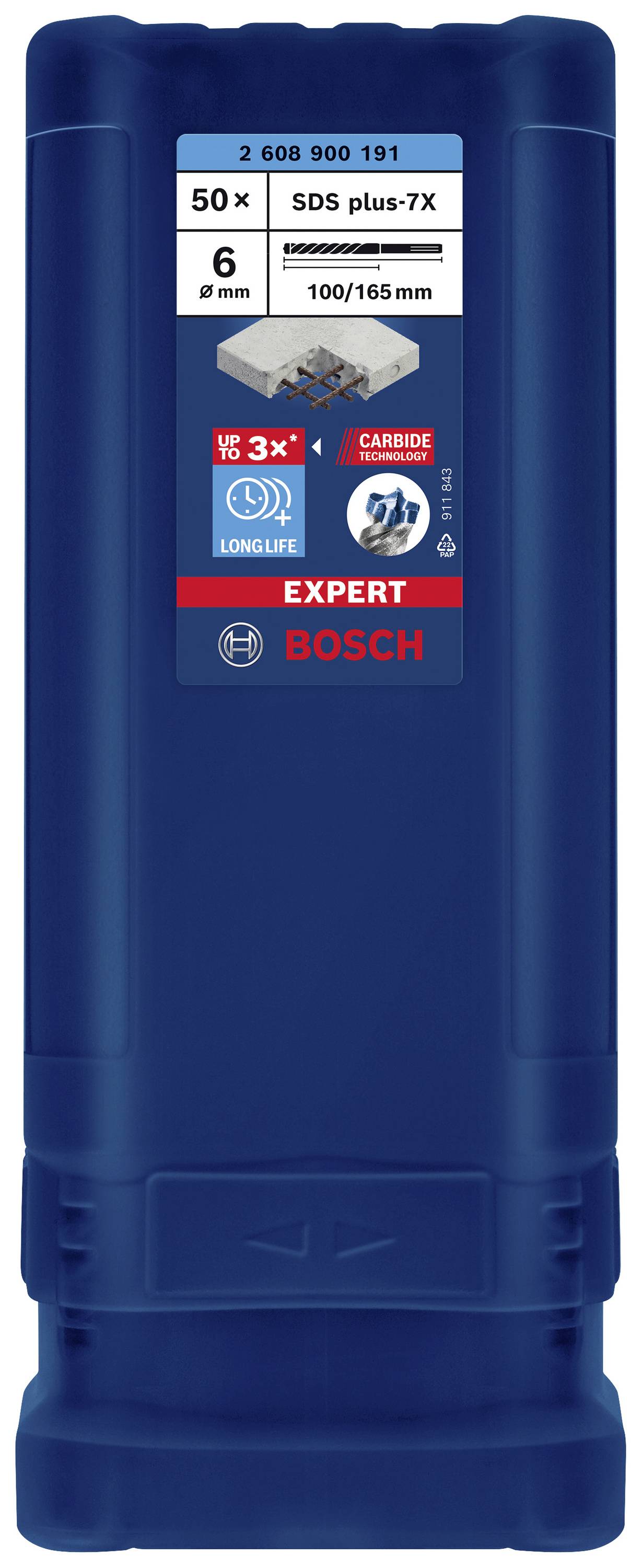 Conteneur bleu pour forets avec étiquette : 'Bosch Expert SDS plus-7X', 6 mm, 50 pièces. Contient une image d'un foret et une mention 'Longlife'.
