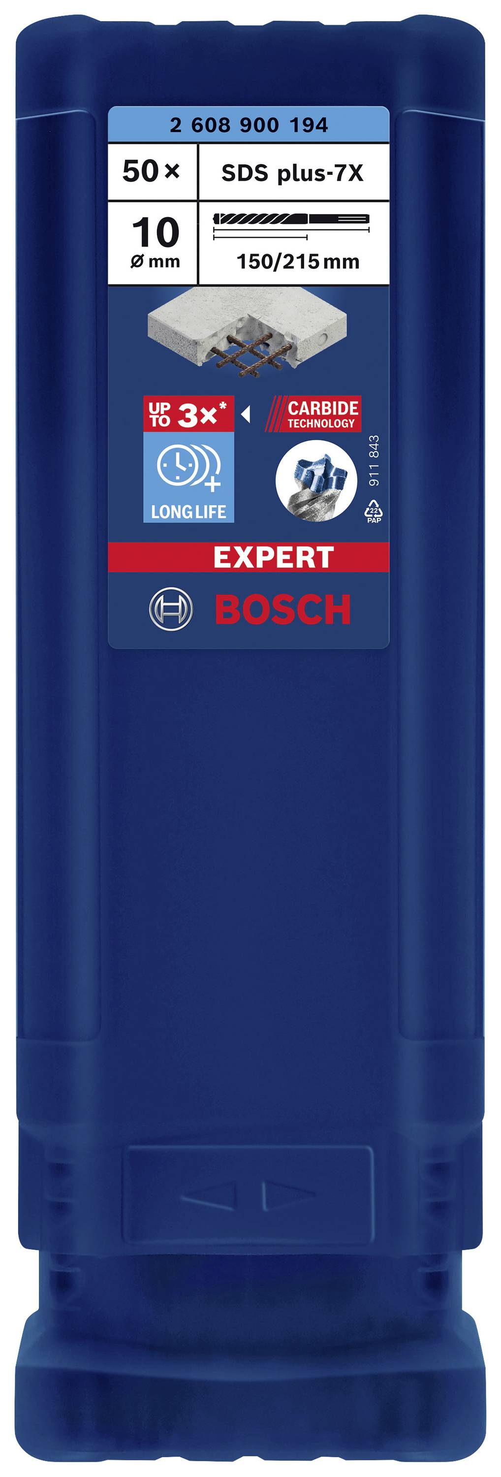 Jeu de forets Bosch, SDS plus-7X, 50 pièces, diamètre 10 mm, longueur 150/215 mm, pour béton, promesse de longue durée.