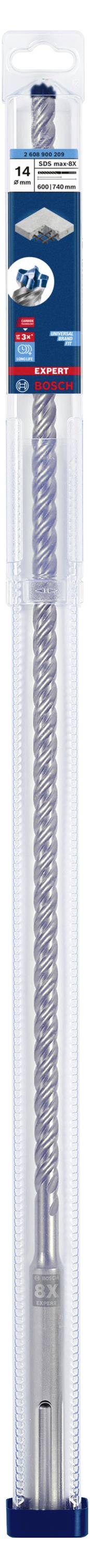 Un long foret dans un emballage transparent avec une étiquette bleue sur le dessus. Adapté pour une utilisation avec une perceuse.