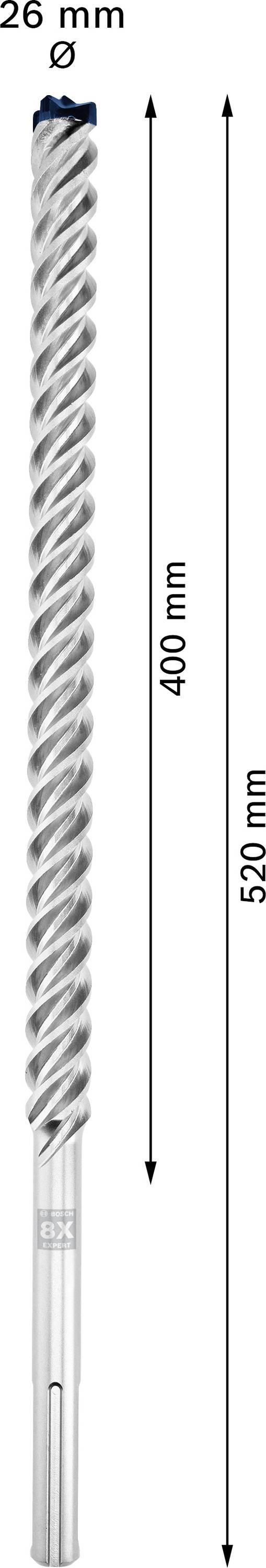 Foret de 26 mm de diamètre, 400 mm de longueur utile et 520 mm de longueur totale.