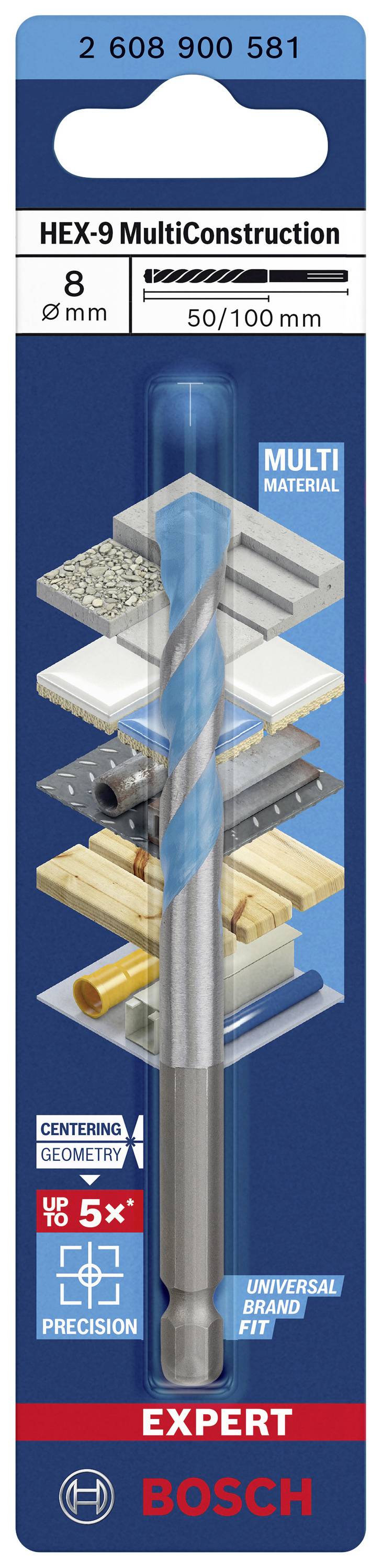 'Foret multifonction Bosch Expert HEX-9, 8 mm x 100 mm, adapté à divers matériaux. L'emballage présente le foret et des exemples de matériaux.'