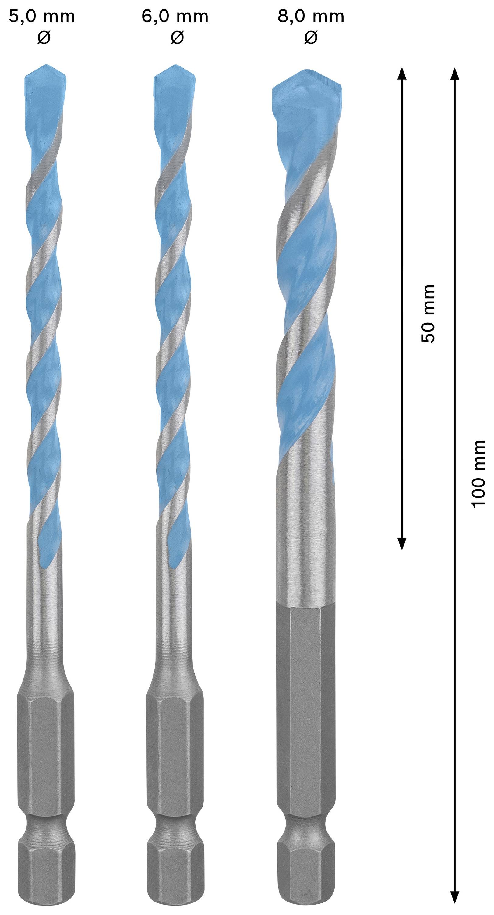 'Représentation de trois forets hélicoïdaux avec des diamètres : 5,0 mm, 6,0 mm, 8,0 mm. Chaque foret a une longueur de 100 mm.'