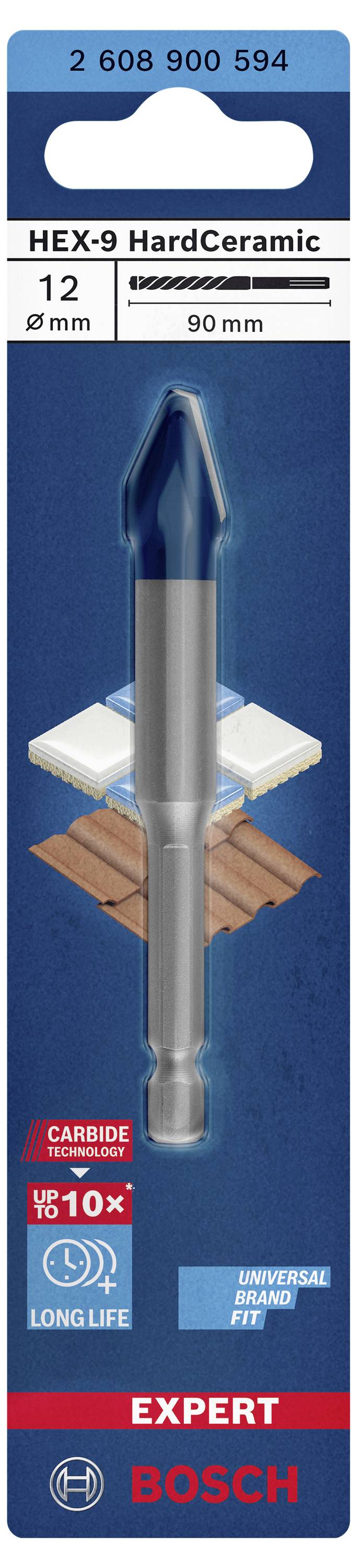 Bosch HEX-9 Hard Ceramic Drill Bit, 12 mm, suitable for tiles and ceramics, 90 mm long, durable.