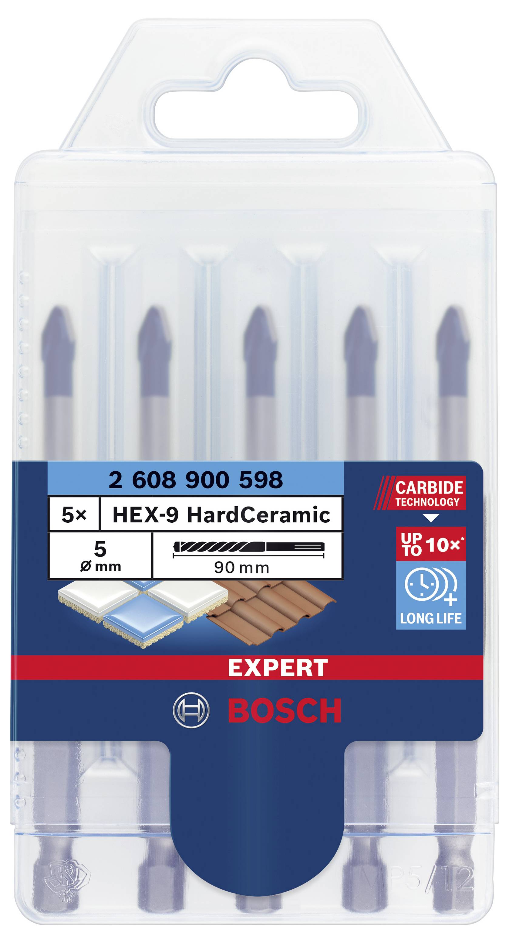 Un lot de cinq forets Bosch HEX-9 HardCeramic, adaptés à la céramique et aux matériaux durs, diamètre de perçage 5 mm, longueur 90 mm.
